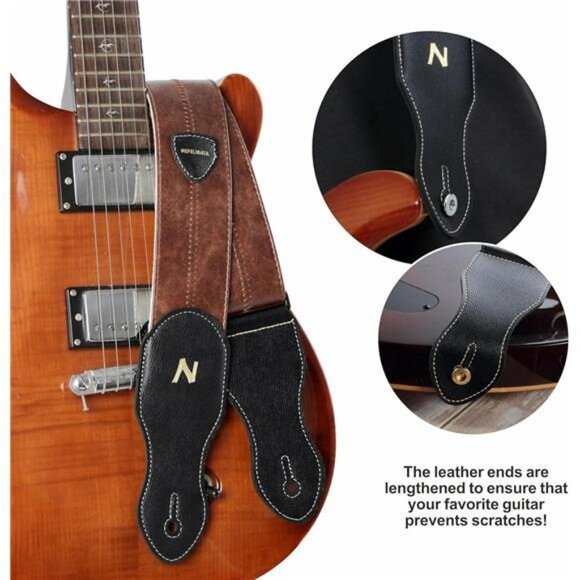 Brown Vegan Leather Guitar Strap Adjustable Soft Wide with Pick Holder - Picture 2 of 7